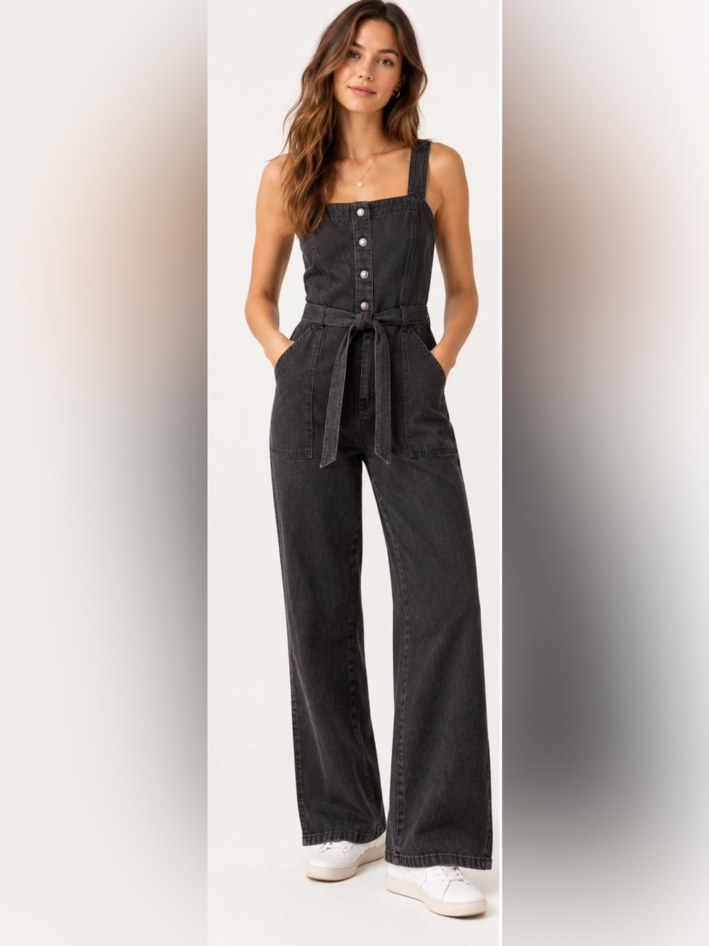 OAT New York Size 12 Black Denim Wide Leg Utility Jumpsuit Tie Waist NWT